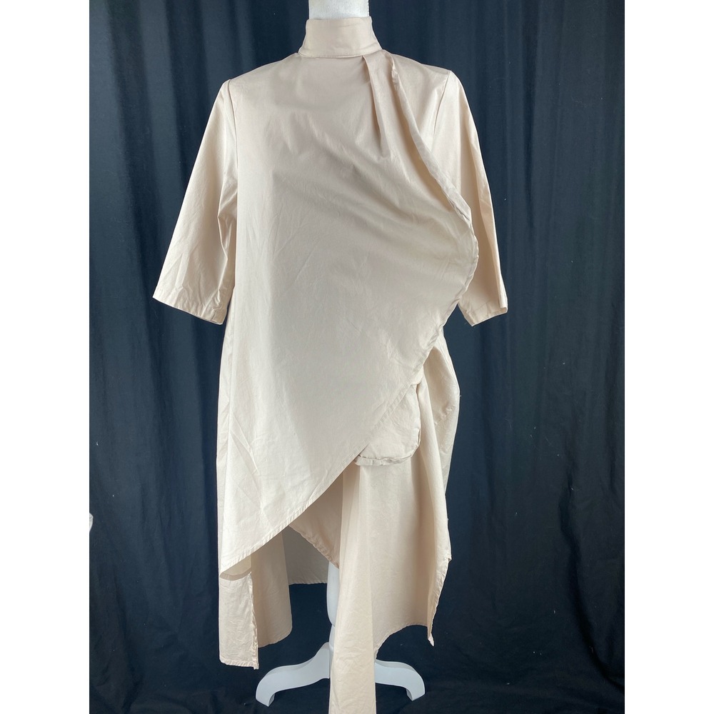 METAMORPHOZA Asymmetrical Drape High Neck Tunic Dress‎ Beige Short Sleeve Pocket